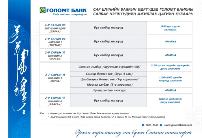 Сар шинийн баярын өдүүдэд Голомт банкны салбаруудын ажиллах цагийн хуваарь